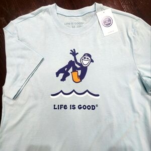 LIFE IS GOOD Men's M Crew Neck JAKE CANNONBALL S/S Tee Shirt BEACH‎ BLUE NWT